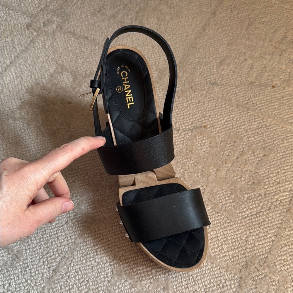 Chanel Black Sandal (Only One!) with Gold and Pearl Accents and Slingback Design